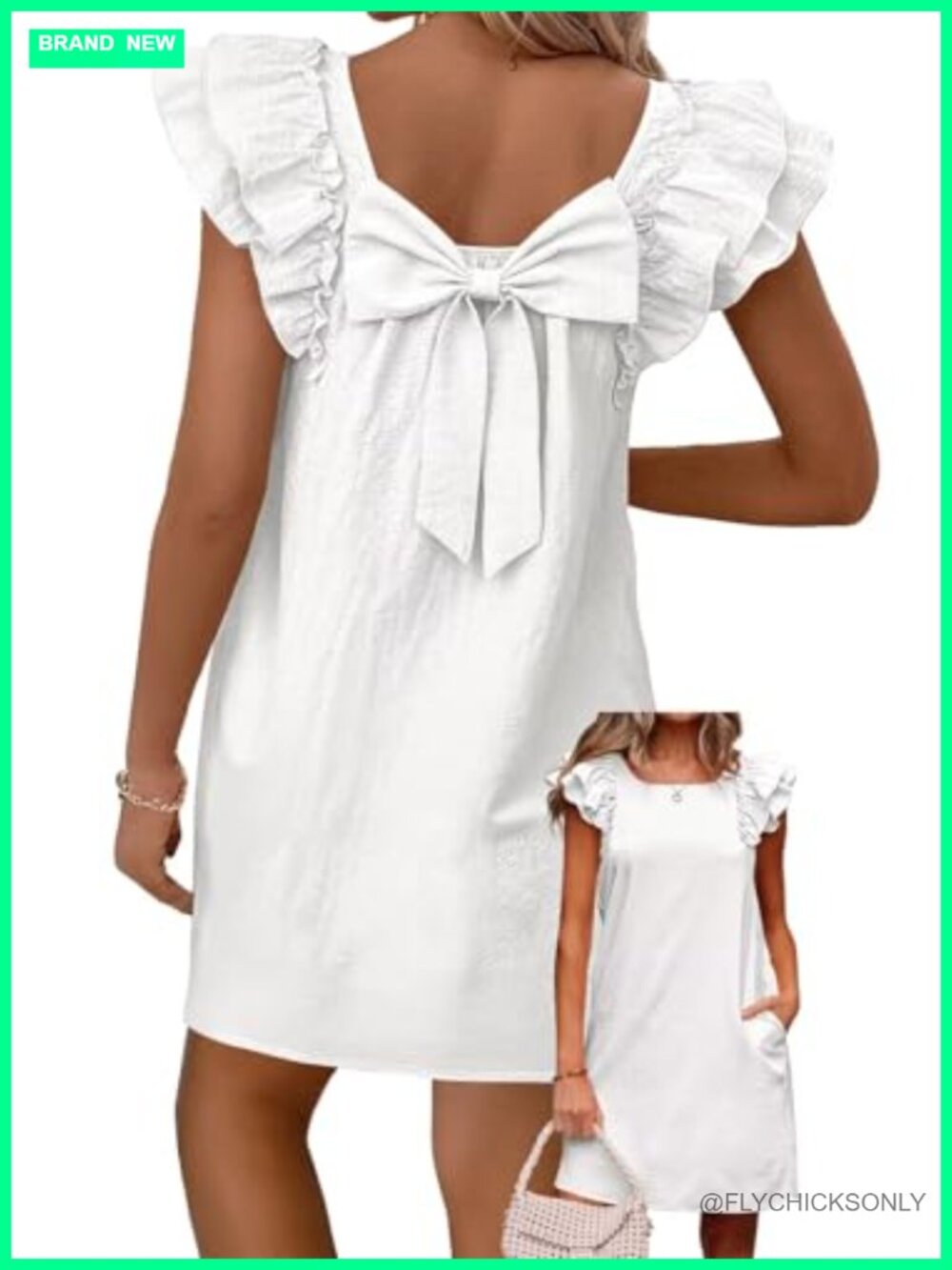 Ruffle Sleeve Square Neck Bow Back Knitted Sundress - Women's Casual A-line